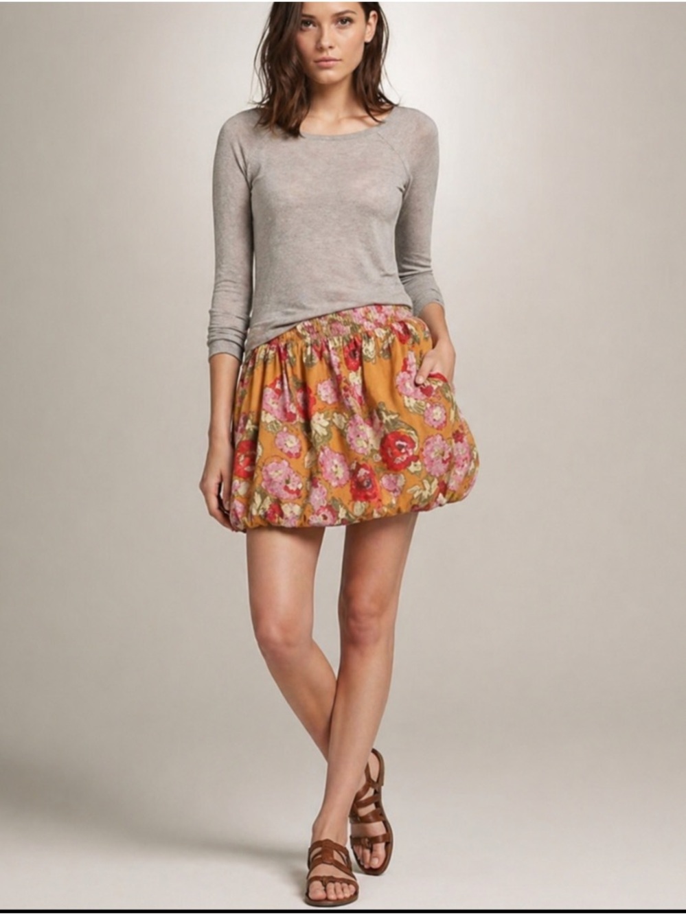 J. Crew Floral Bubble Mini Skirt in Mustard and Pink Size-8 Vintage Cottagecore